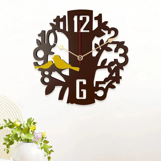 Wooden Wall Clock with Brown Tree and Yellow Bird