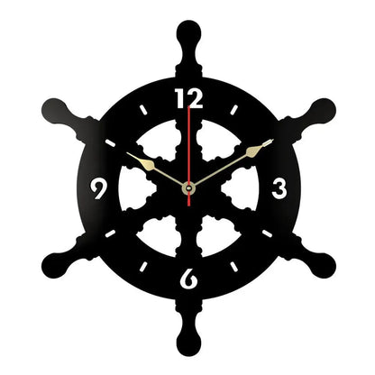 Black Ship Wheel Shaped Wooden Wall Clock