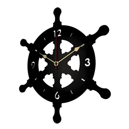 Black Ship Wheel Shaped Wooden Wall Clock