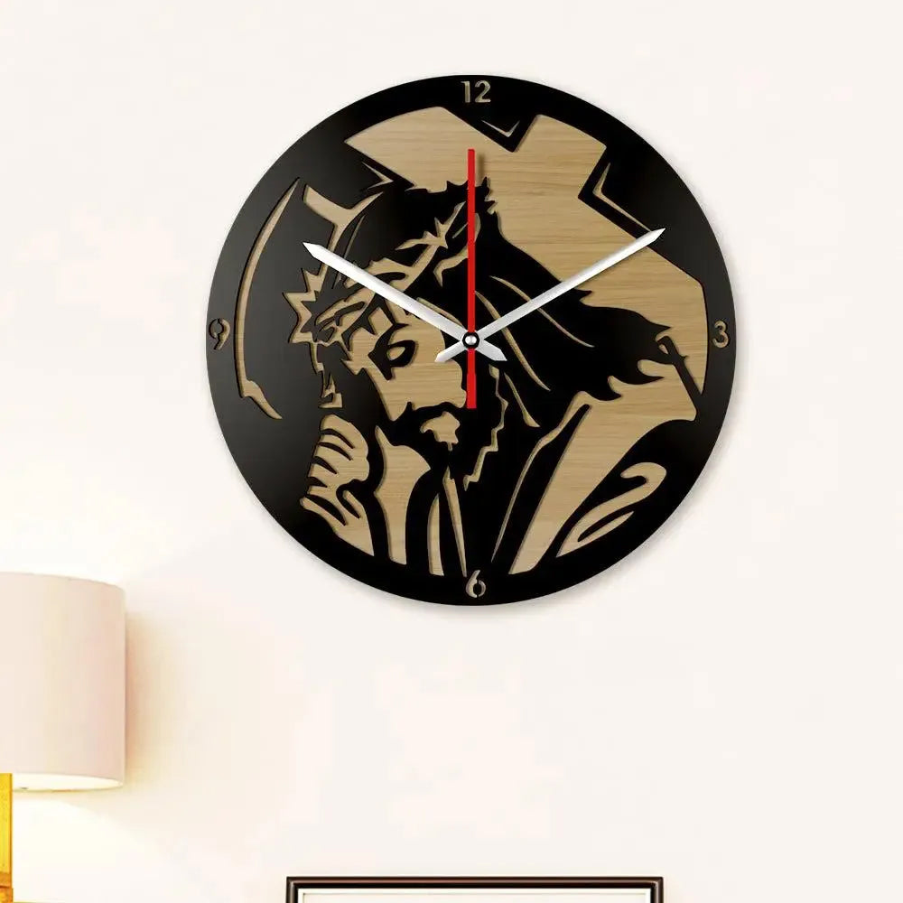 Jesus with Cross Dual Layer Wooden Wall Clock