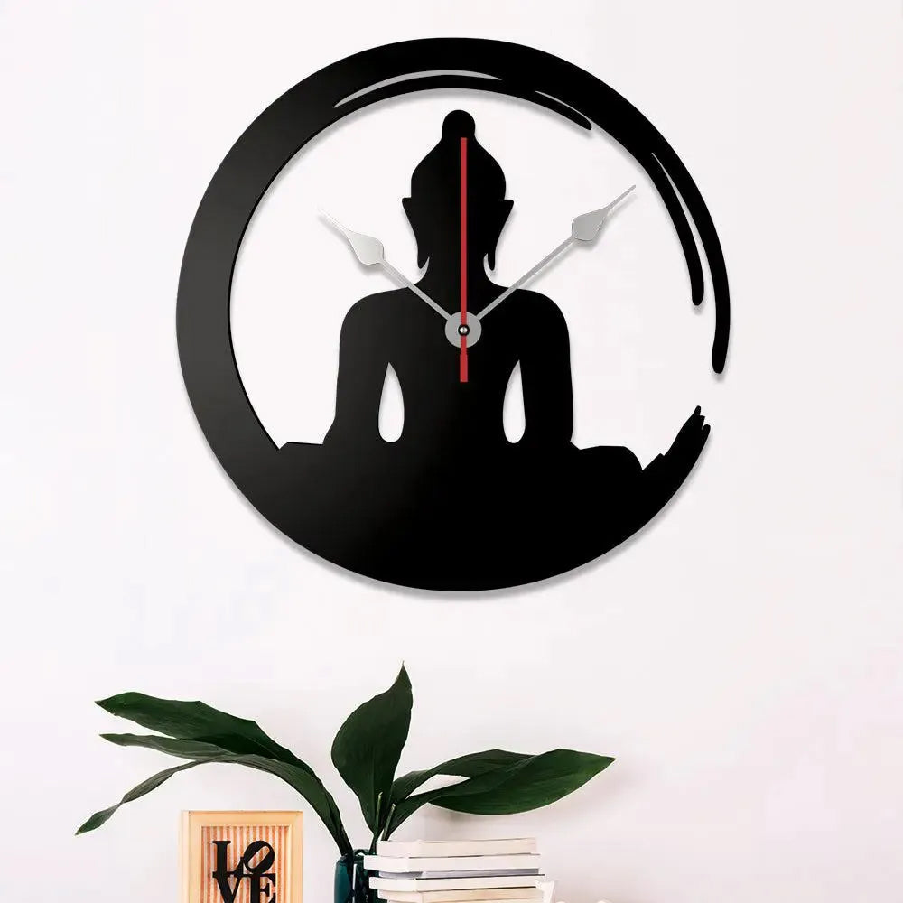 Black Wooden Wall Clock with Buddha Sitting in Lotus Posture