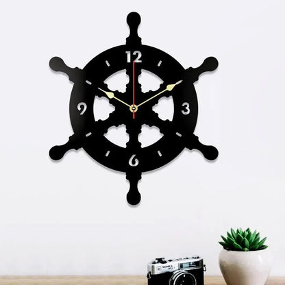 Black Ship Wheel Shaped Wooden Wall Clock