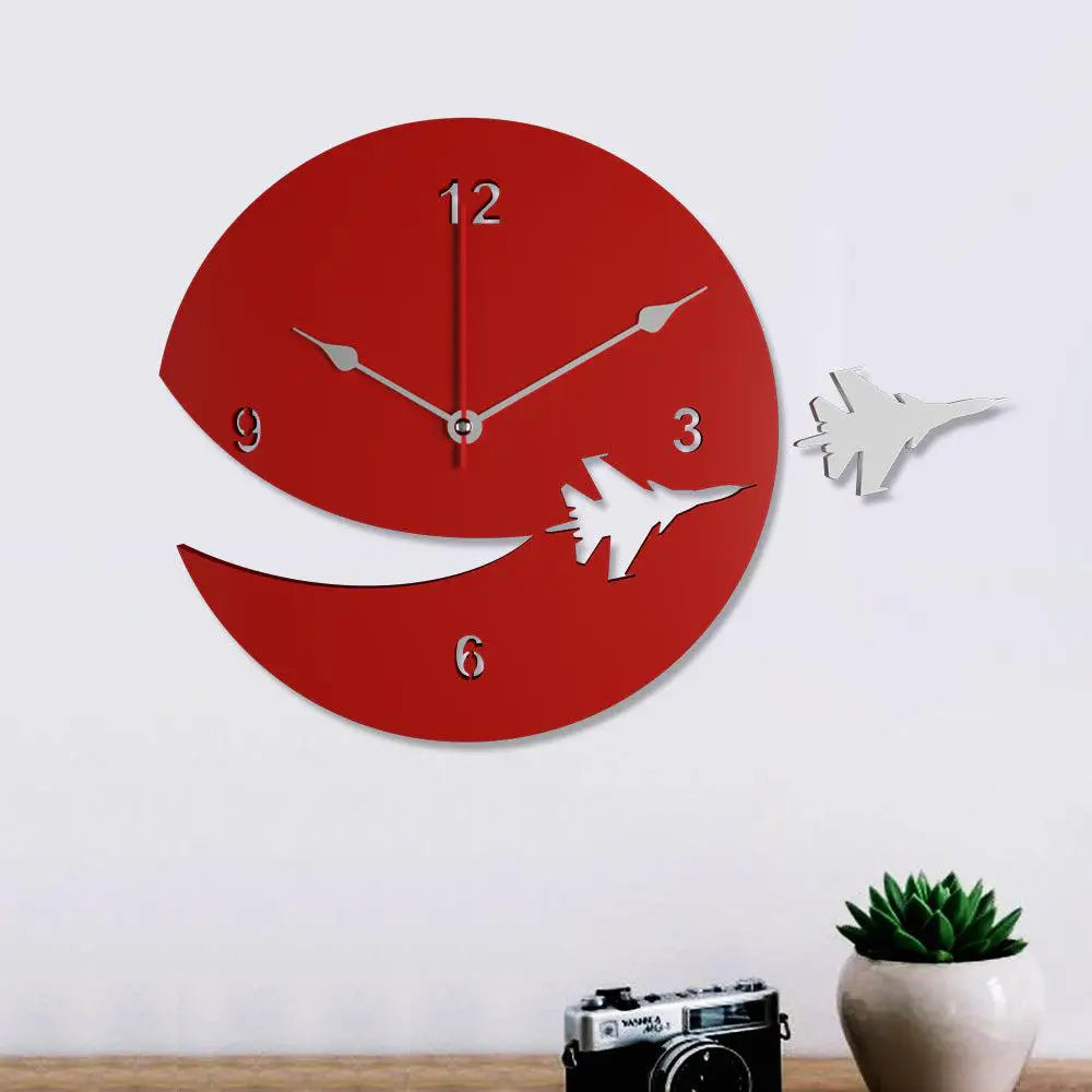 Wooden Wall Clock with Airplane Designer Theme