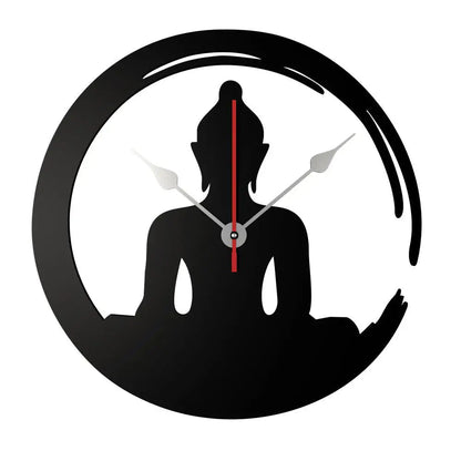 Black Wooden Wall Clock with Buddha Sitting in Lotus Posture