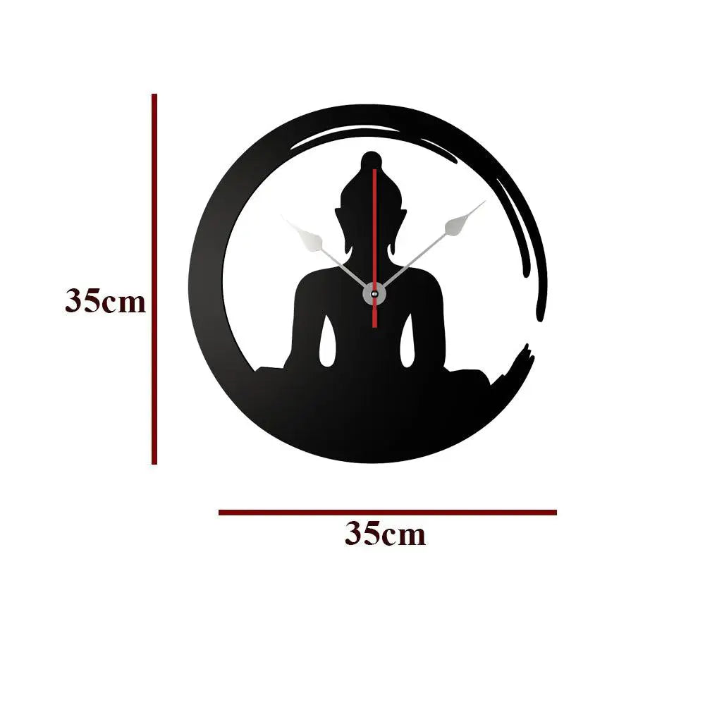 Black Wooden Wall Clock with Buddha Sitting in Lotus Posture