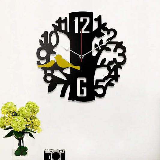 Wooden Wall Clock with Black Tree and Yellow Bird