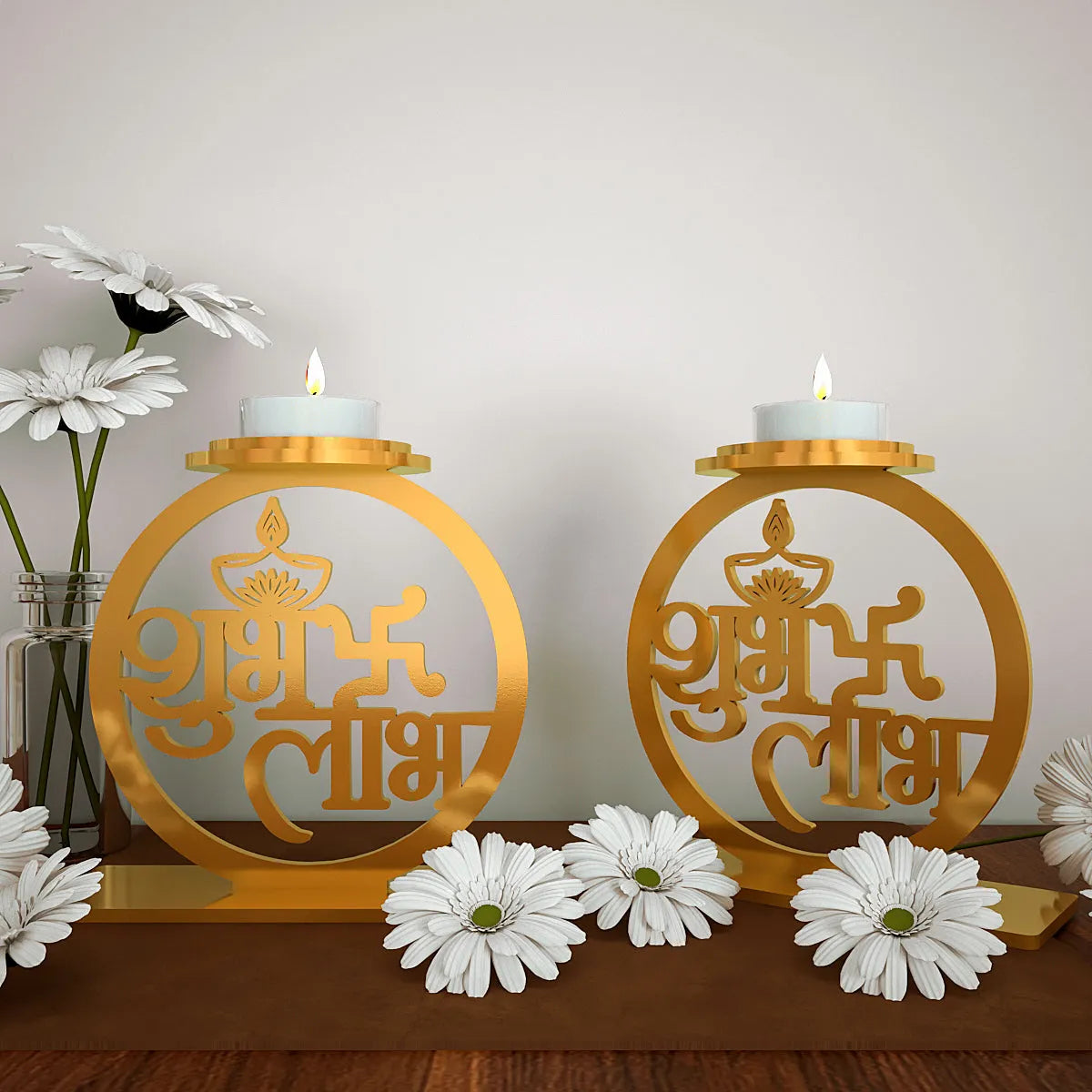 Golden Tea Light Holders In Shubh Labh Design Set Of 2