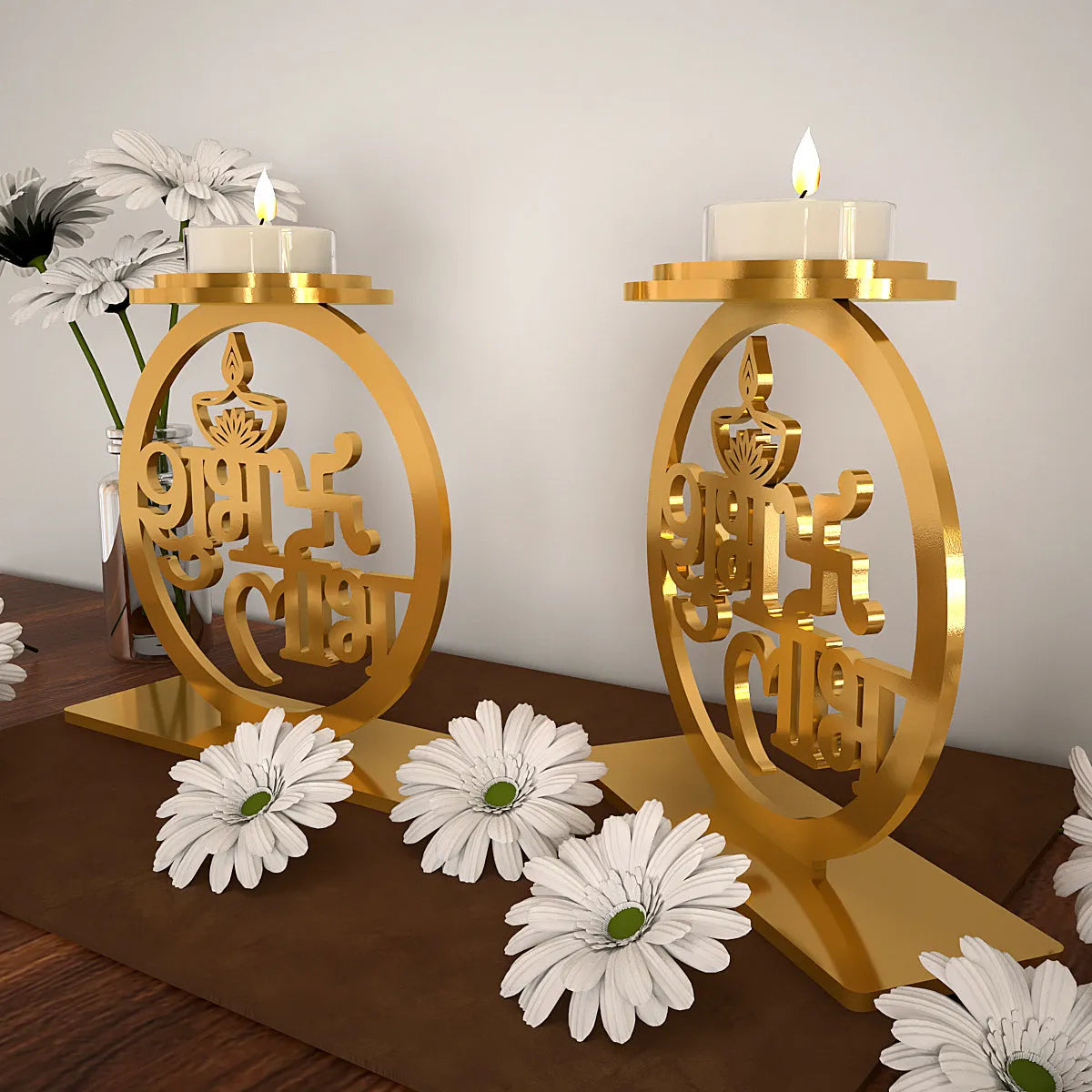 Golden Tea Light Holders In Shubh Labh Design Set Of 2