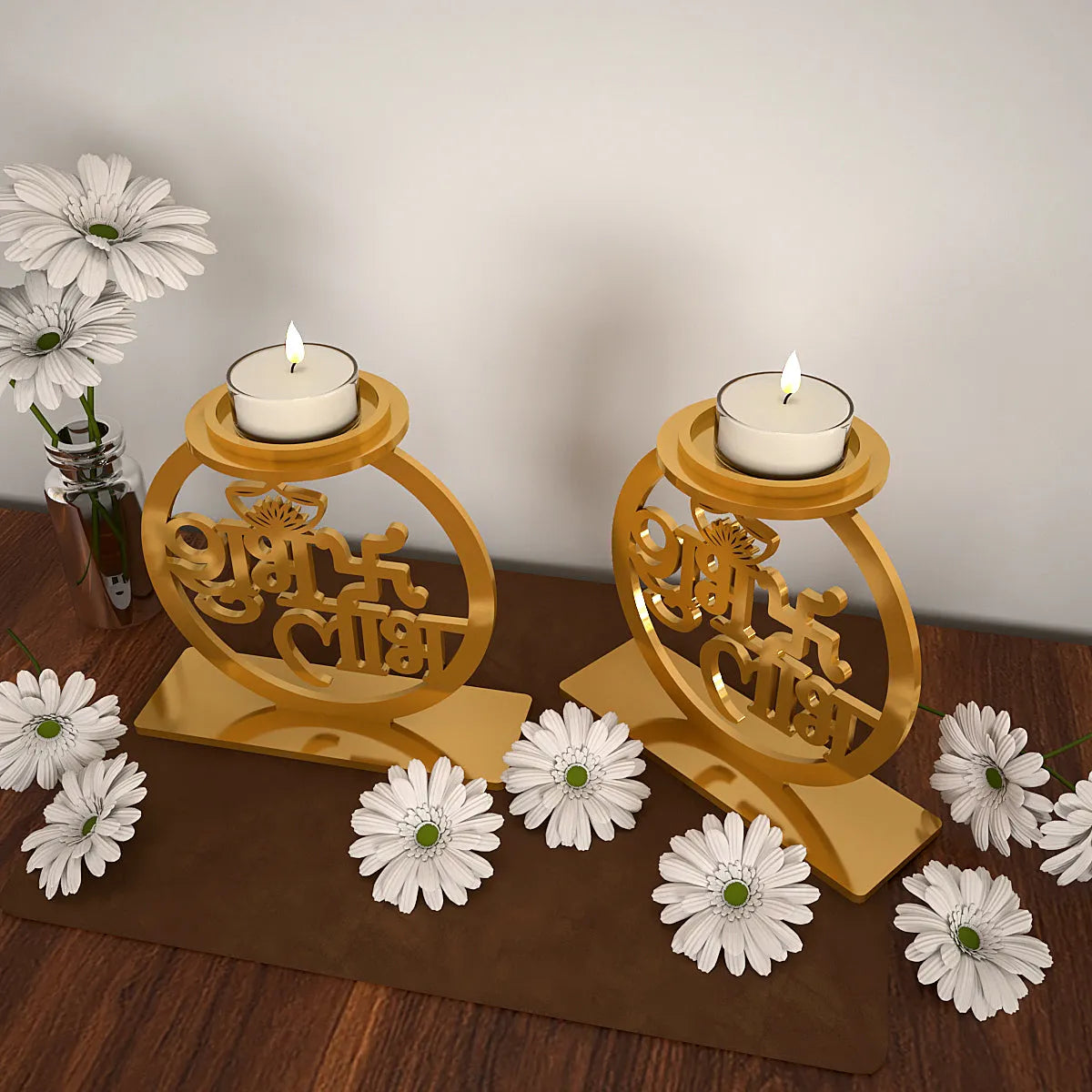 Golden Tea Light Holders In Shubh Labh Design Set Of 2